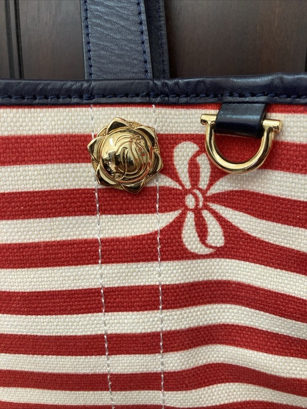Draper James Candy Cane Stripes & Bows Canvas Leather Straps Tote Purse Book Bag gallery