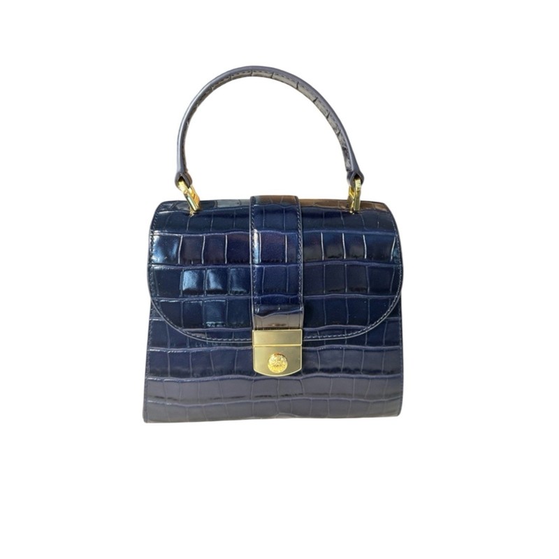 Veronica Beard Navy Crest Lock Croc Leather Handbag, NO Shoulder Strap, EUC