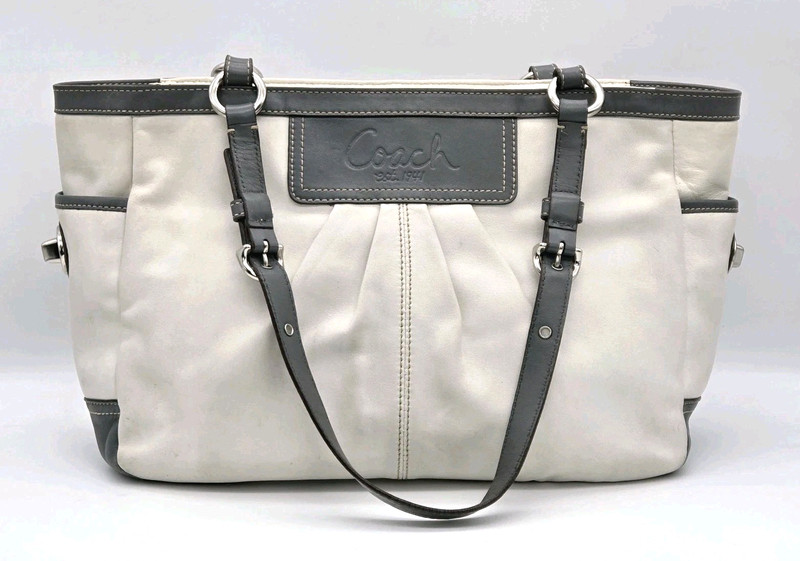 Coach Purse A1072-F13759 Pleated Ivory Leather Gray Trim Double Shoulder Straps gallery