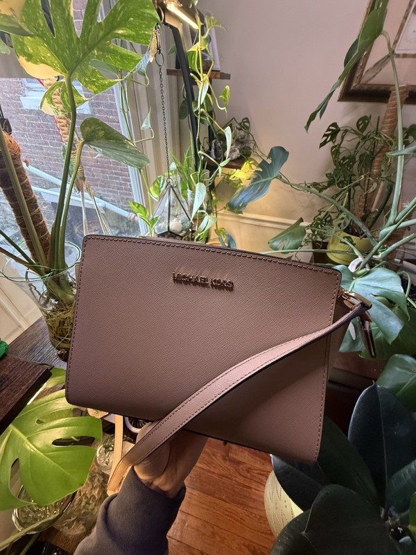 Michael Kors Beige Saffiano Zip Crossbody, Detachable Adjustable Strap, Gold