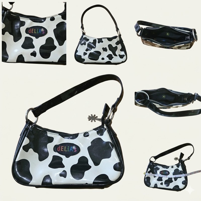 ​Vintage dELiA*s Cow Print Shoulder Bag Y2K 90s Mini Baguette Purse Black White