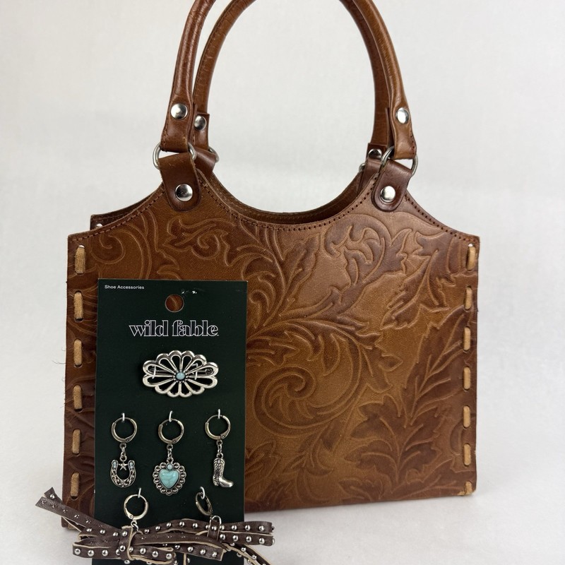 Hand Tooled Leather Purse Stitched Edge Western Style Charms Made in India