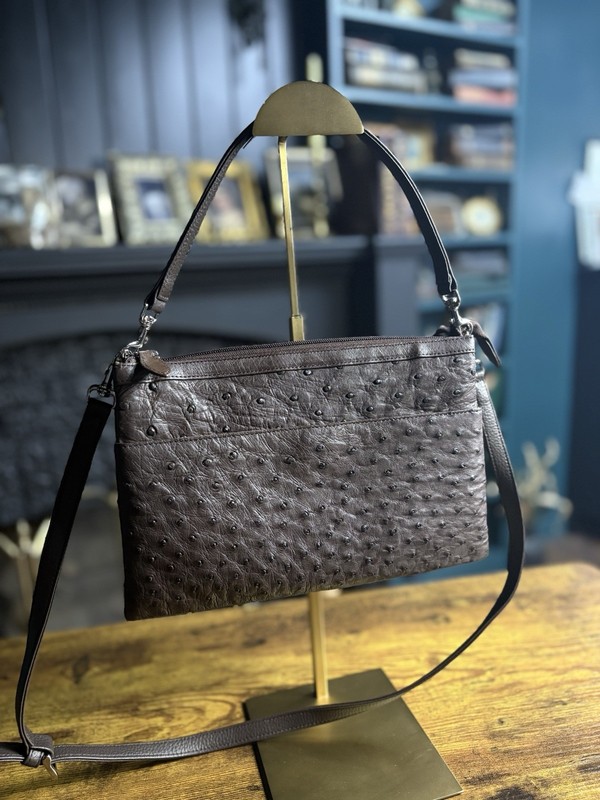 Vintage Genuine Ostrich Leather Crossbody Purse Brown Triple Gusset Bag