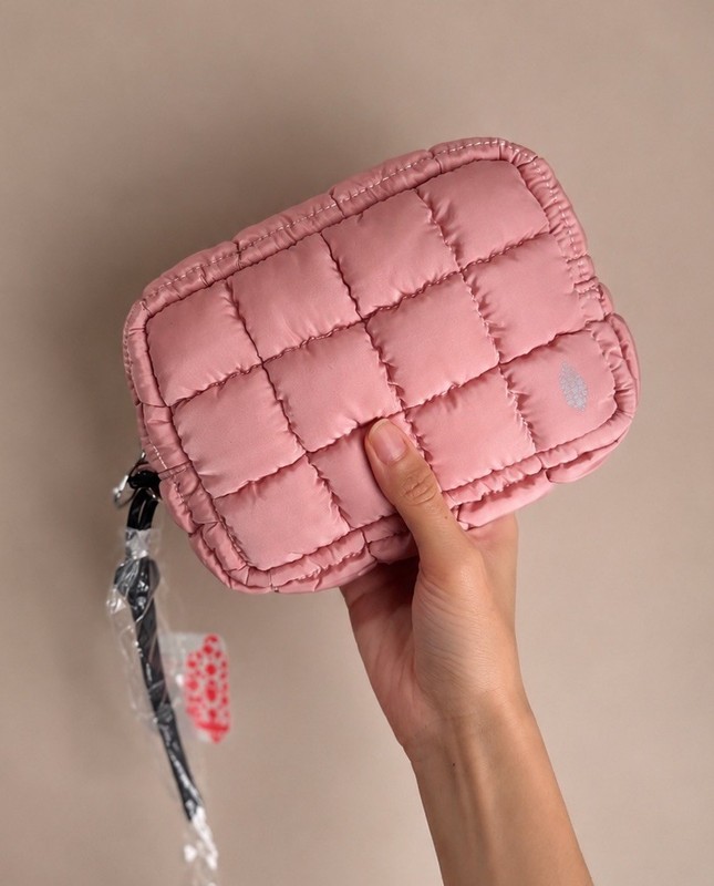 Free People Movement Quilted Mini Case Pink Puffer Cosmetic Bag Travel Pouch.