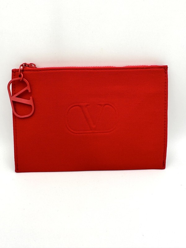 New VALENTINO V Logo Red Zipper Cosmetic Pouch Bag