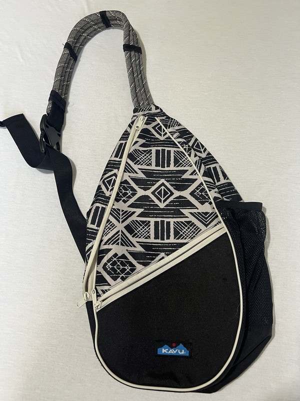 Kavu Rope Sling bag in a black and white geometric pattern