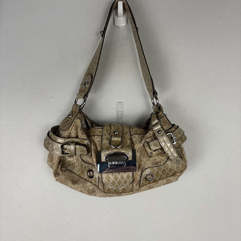 VTG Guess Shoulder Bag Beige O-Ring Faux Crocodile Studs 2000s Y2K Indie Sleeze