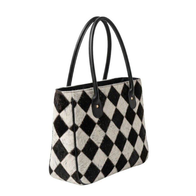 Handmade Patchwork Cowhide Leather Tote – Diamond Pattern Hair-On Handbag gallery