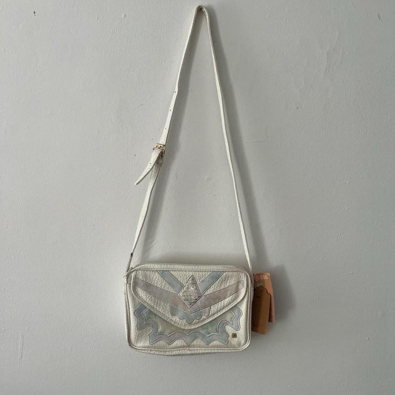 Vintage 1980s White & Ice Blue Crossbody Nas Bag Leather Rare NWT Deadstock