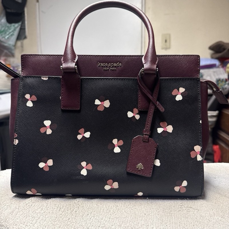 kate spade new york Black Burgundy Floral Satchel Handbag w/ Shoulder Strap