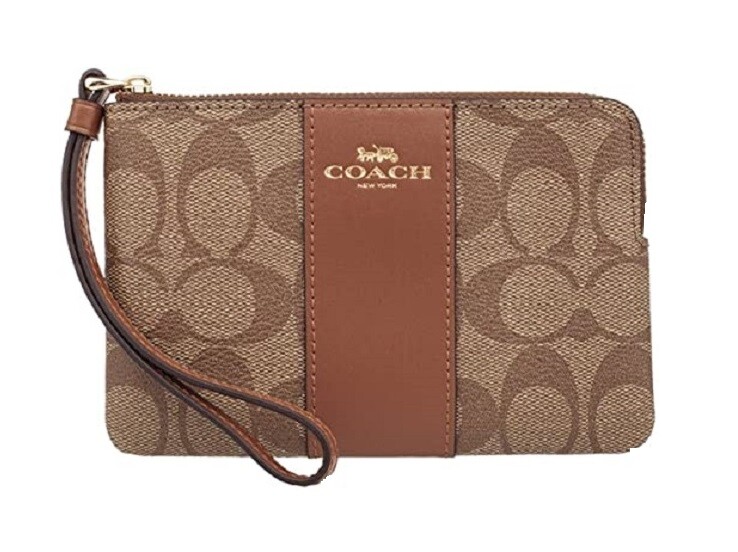 Coach Signature PVC Leather Corner Zip Wristlet Medium Khaki/Saddle