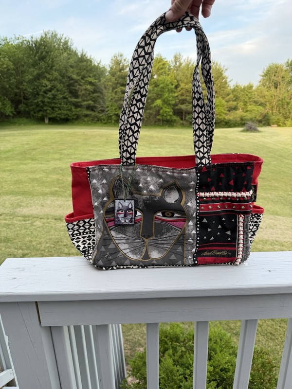 Handmade Cat Face Tote Bag Red Black White Geometric Zipper Pouch Lined