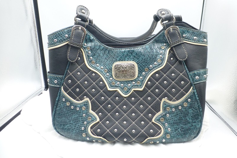 P&G Western Style Studded Shoulder Bag Black Teal Faux Snake Cross Accents H4