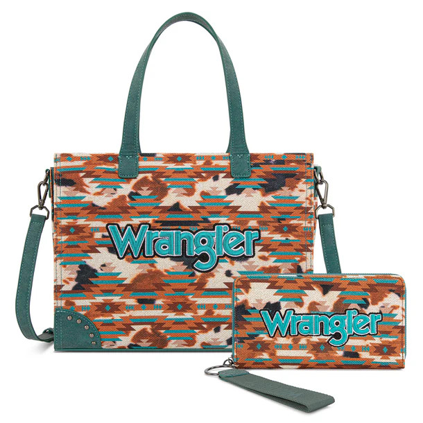 Wrangler Western Aztec Print Tote and Crossbody Wallet Set – Turquoise