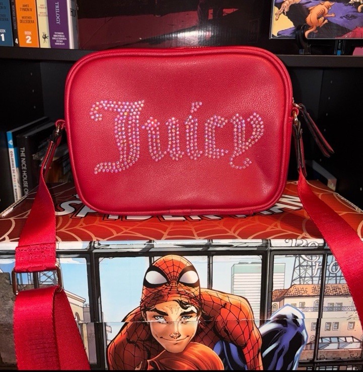 Juicy Couture Red Rhinestone Logo Camera Crossbody Bag Adjustable Logo Strap