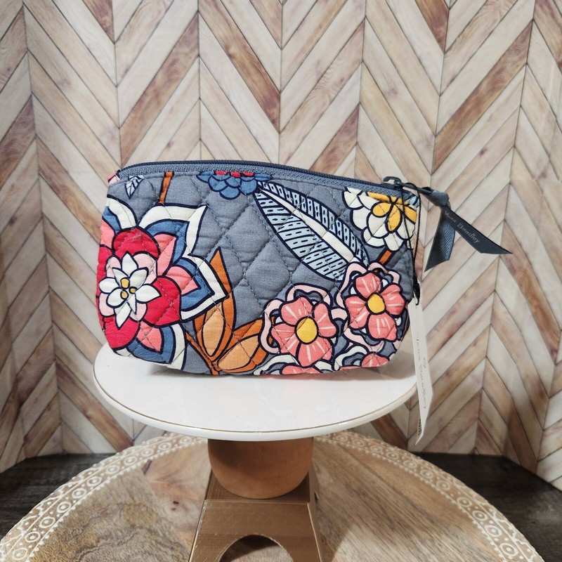 NWT Vera Bradley Tropical Evening Gray Floral Mirror Cosmetic Bag Mini Pouch
