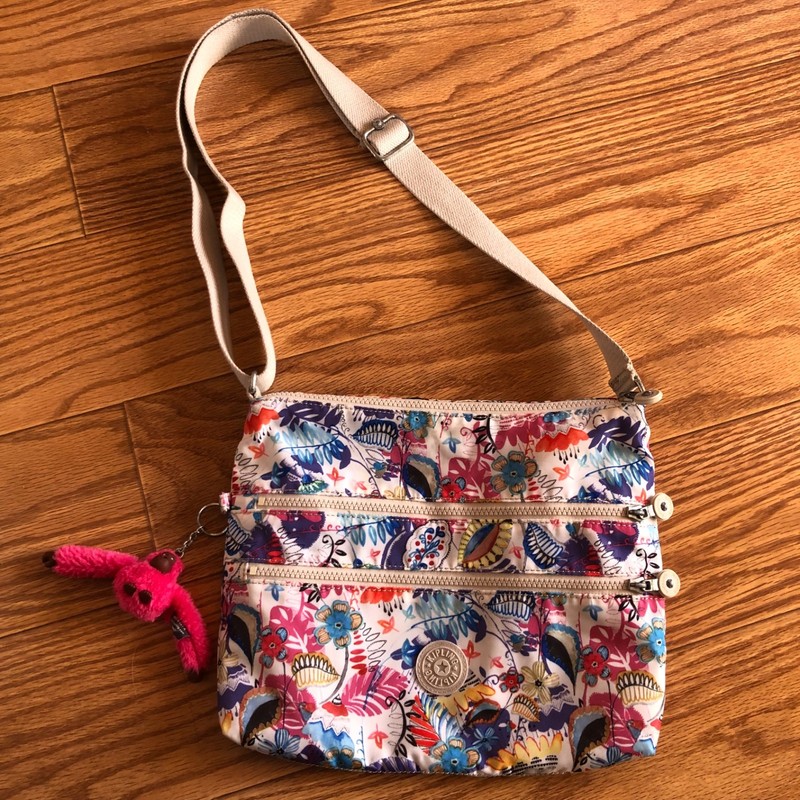Kipling Alvar Multi Flower Crossbody Bag w/ Emmy Pink monkey charm thumb sucker