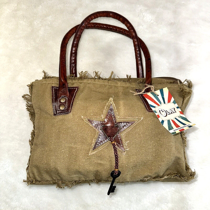 NWT OLAY LB332 TOTE Upcycled Canvas Genuine Leather Women Bag Western Handbag