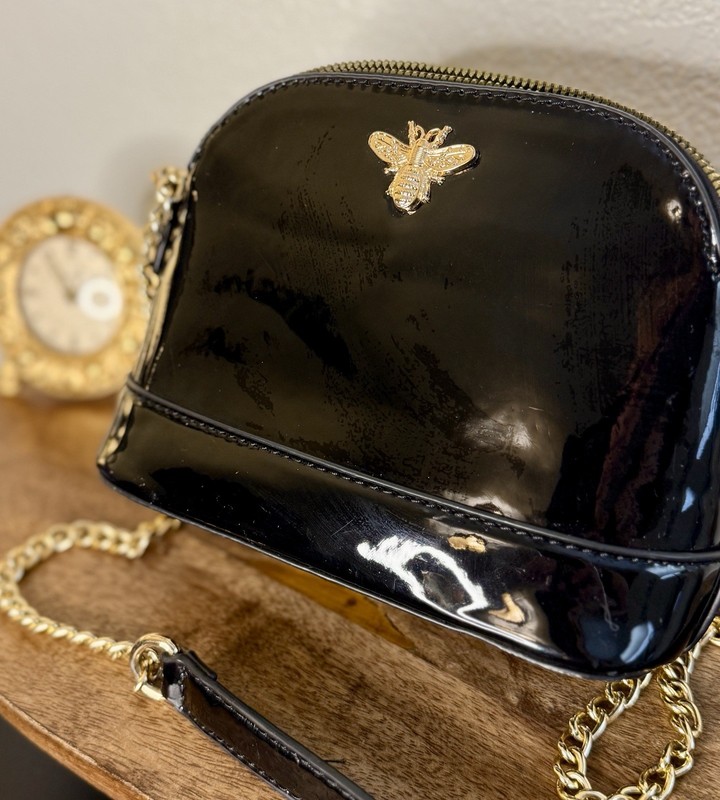 Black Patent Crossbody Bag with Gold Bee Emblem – Chain Strap