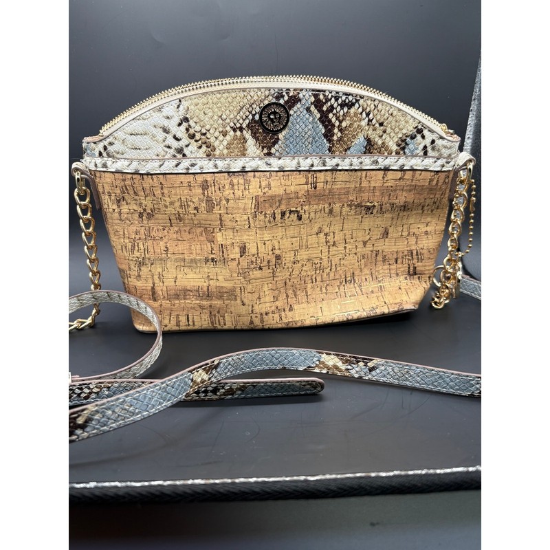 Anne Klein Cork Snakeskin Print Shoulder Bag Chain Strap Neutral Crossbody Purse gallery