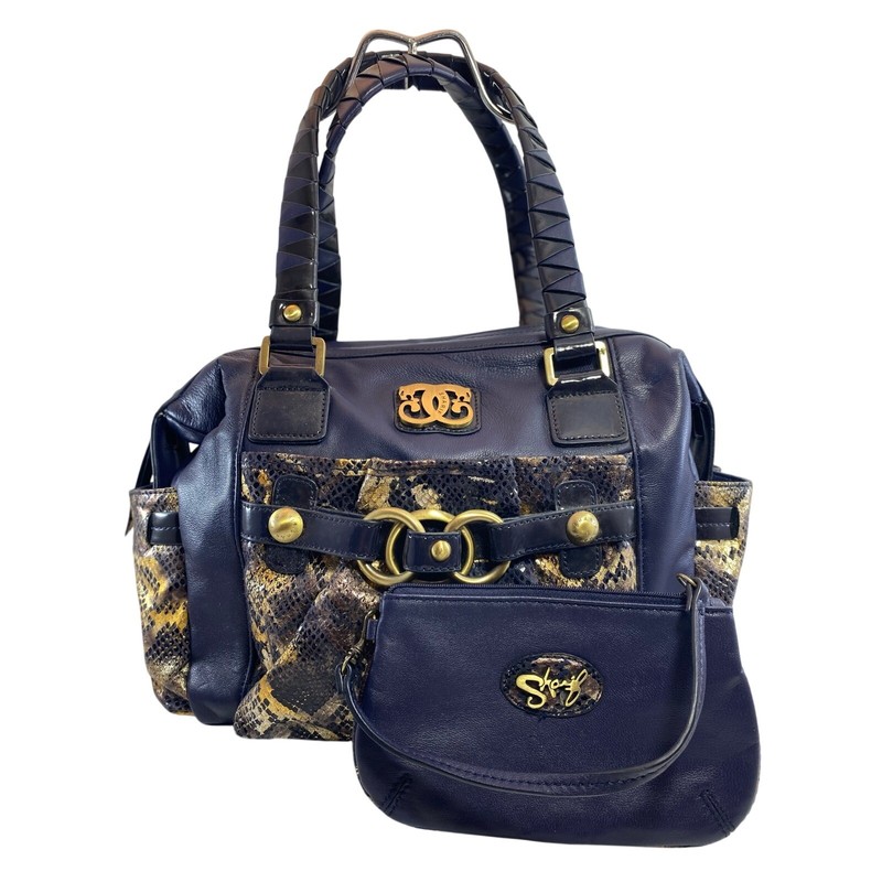 Sharif 1827 Navy Blue Leather & Gold Foix Python Satchel Set w/ Wristlet