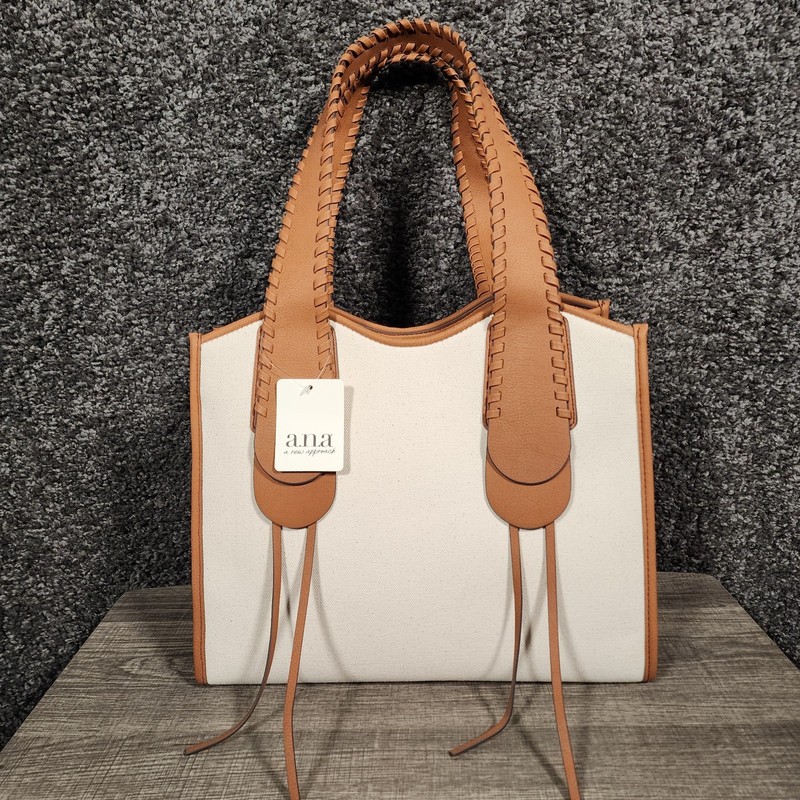 a.n.a Corrine Shopper Bag Canvas Tote Brown Trim Braided Handles Neutral NWT