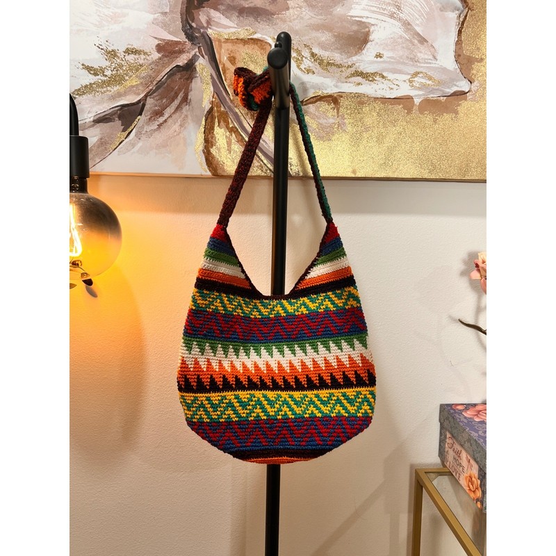 Handmade Crochet Rainbow Boho Hobo Bag Geometric Striped Zipped Shoulder Bag gallery