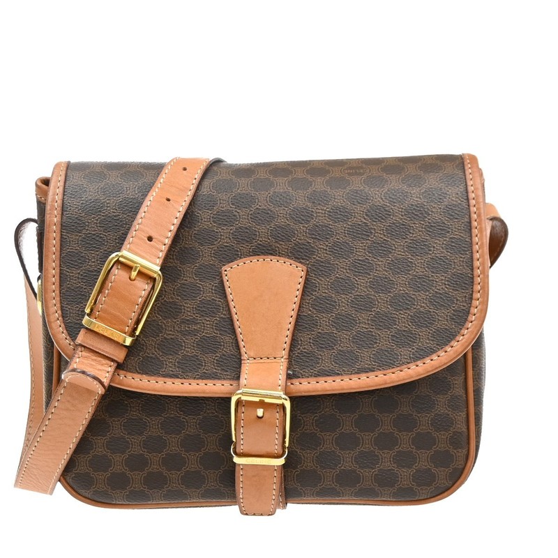 CELINE Logo Macadam Pattern Shoulder Bag PVC Leather Brown GHW Italy 67EG395