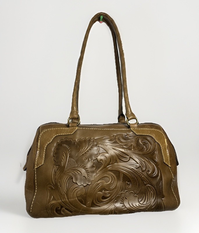 Patricia Nash Olive Drab Green Leather Shoulder Bag/ Tote w Embossed Flowers