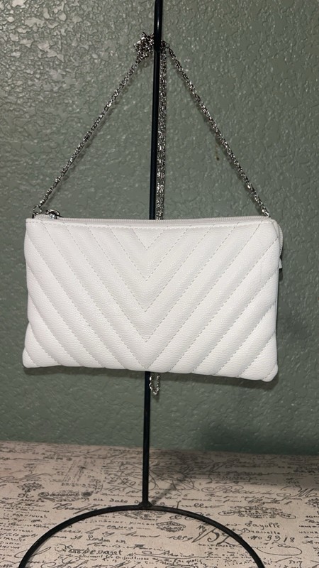 White quilted crossbody bag with 3 pockets, card slots, & silver chain #glamour