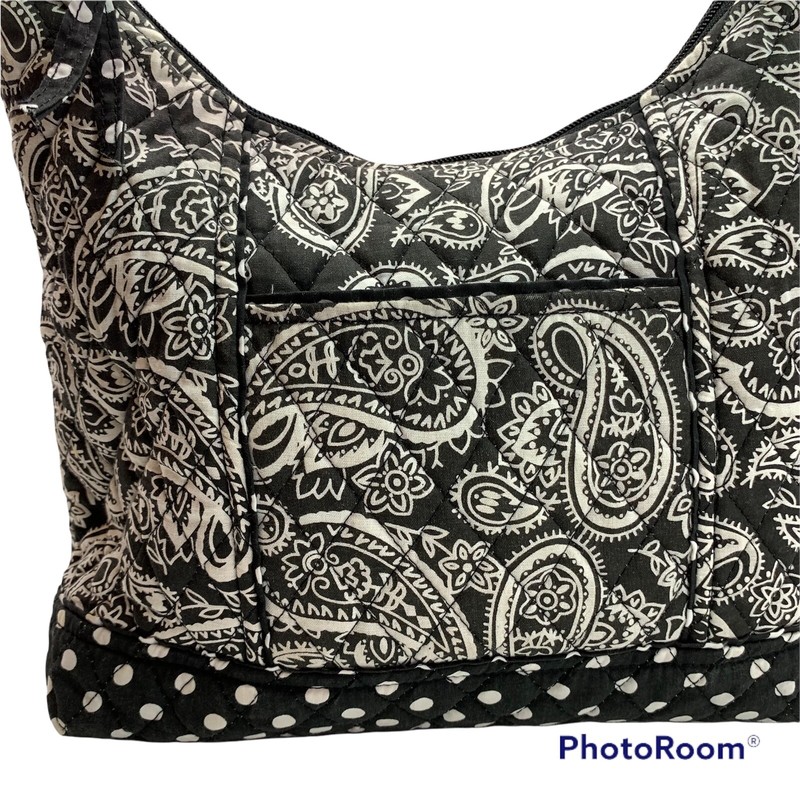 Lily Waters Shoulder B￼ag Black/White Quilted Patchwork Cotton Fabric 9x11x4”