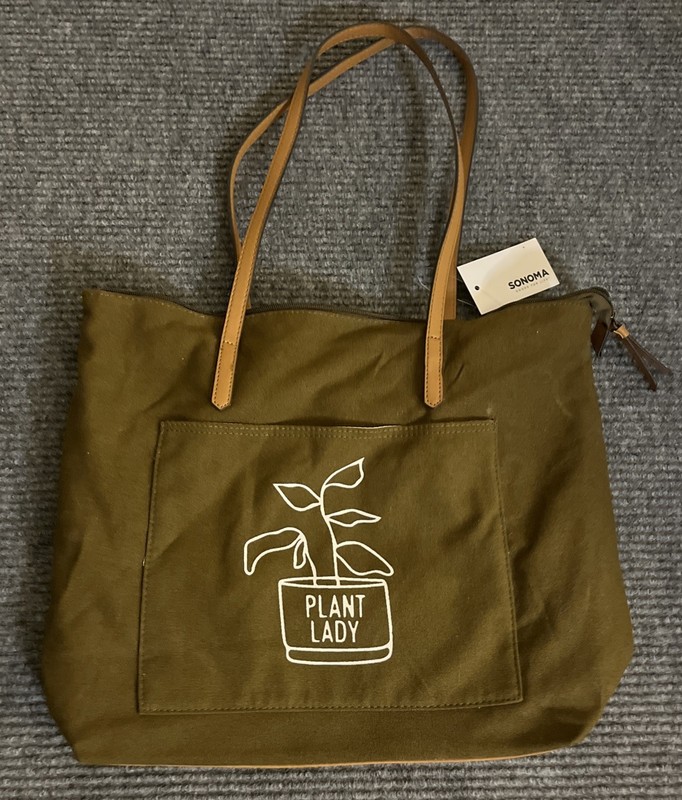 SONOMA Plant Lady Tote Bag Green Canvas Faux Leather Straps NWT Zipper Closure