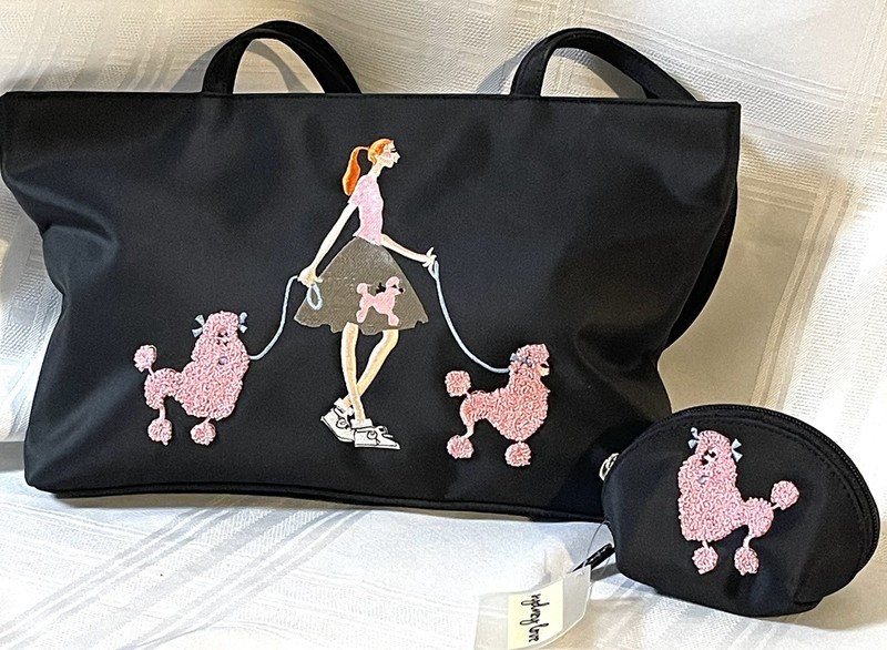 Sydney Love Pink Poodle Walker Shoulder Bag & Matching Cosmetic Pouch Black NWT