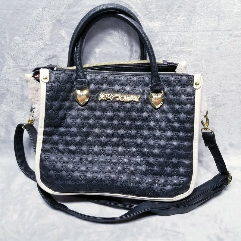 Betsey Johnson Handbag Gold Raised Letter Hearts Black Pink Fur Sides