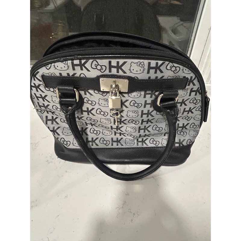 Hello Kitty Loungefly Monogram Bowler Bag Black Grey Handbag with Lock and Key