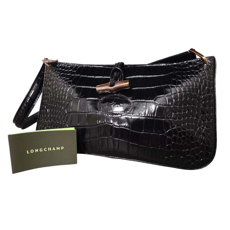Longchamp Black Croco Embossed Leather Shoulder Baguette Bag Y2K Purse