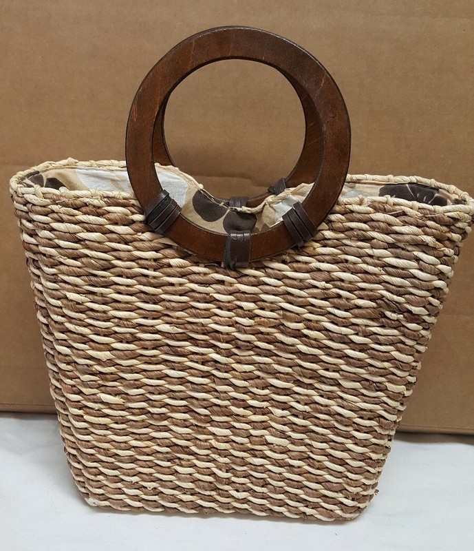 Faded Glory Woven Straw Ladie’s Purse handbag w/ Wood Handles Hawaiian Inside