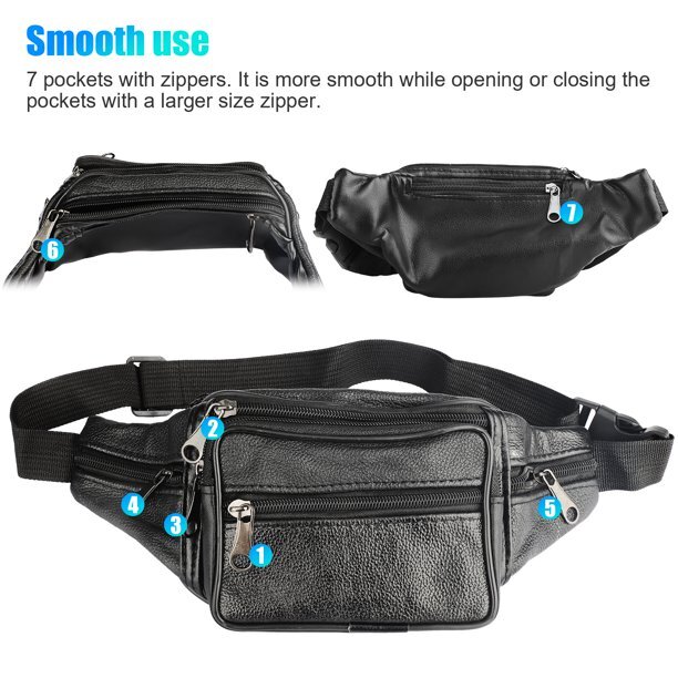 Genuine Leather Fanny Pack Multi Zippered Waist Bag Hip Belt Purse Black Pouch gallery