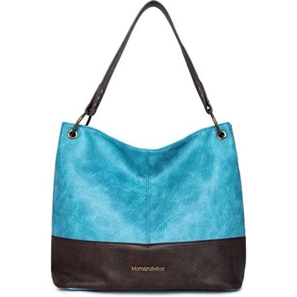 Montana West Hobo Tote Shoulder Bag Turqoise Black Faux Leather Equestrian Lined