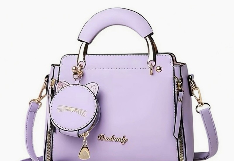 Dabakoky Lavender Satchel Top Handle Bag with Cat Charm and Zip Closure