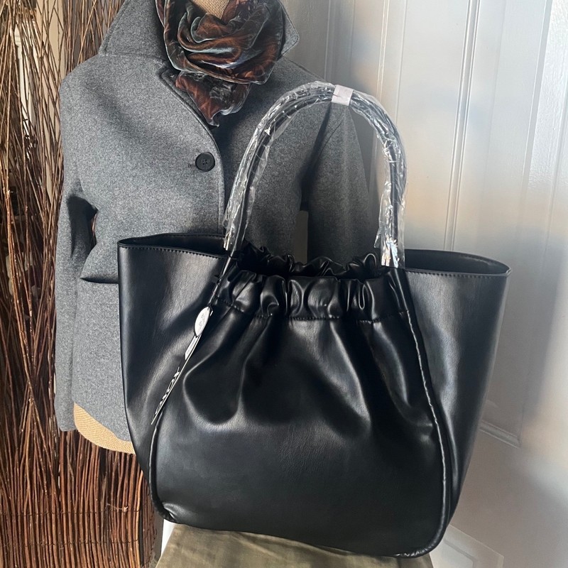 XOXO Black Faux Leather Drawstring Tote w Bonus Zip Pouch Chic Work Bag