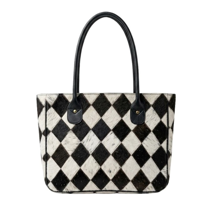 Handmade Patchwork Cowhide Leather Tote – Diamond Pattern Hair-On Handbag