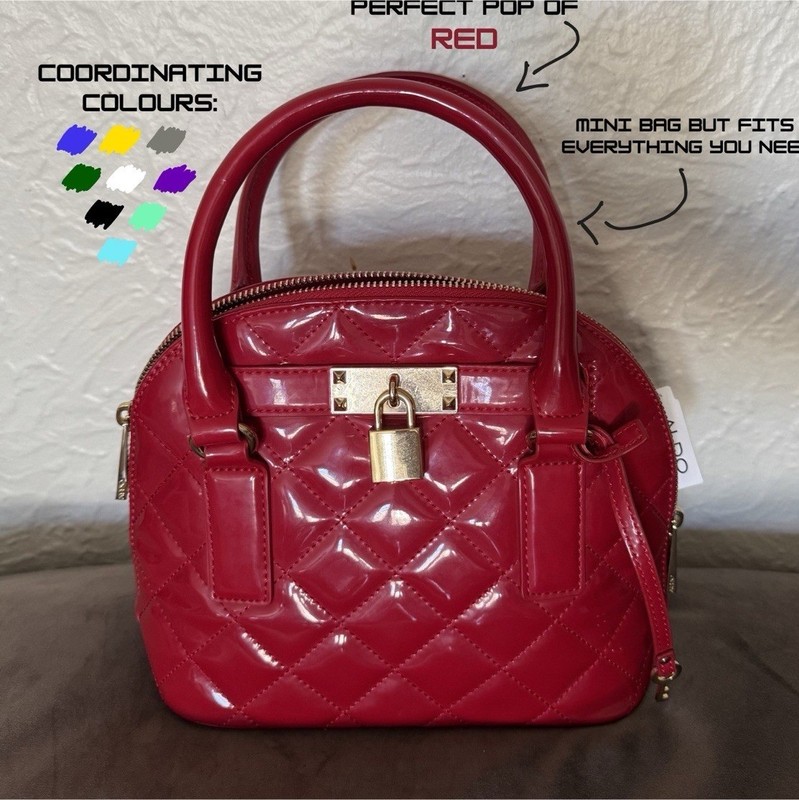 ALDO Mini Red Patent Quilted Satchel Top Handle Zip, Detachable Strap, Pockets