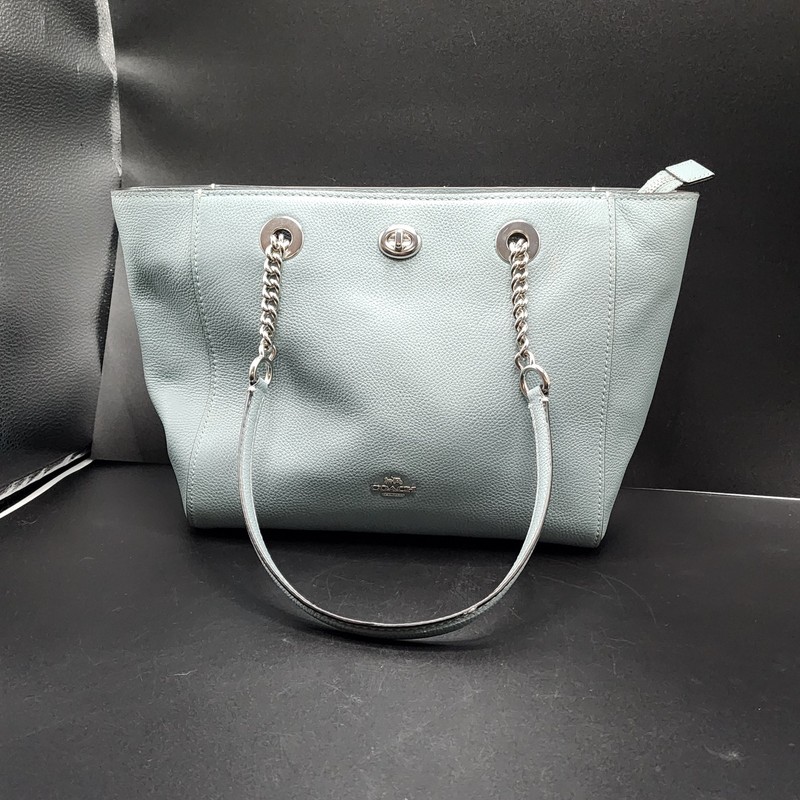 Coach 57107 Turnlock Chain Tote 27 Blue Pebbled Leather Shoulder Bag Purse
