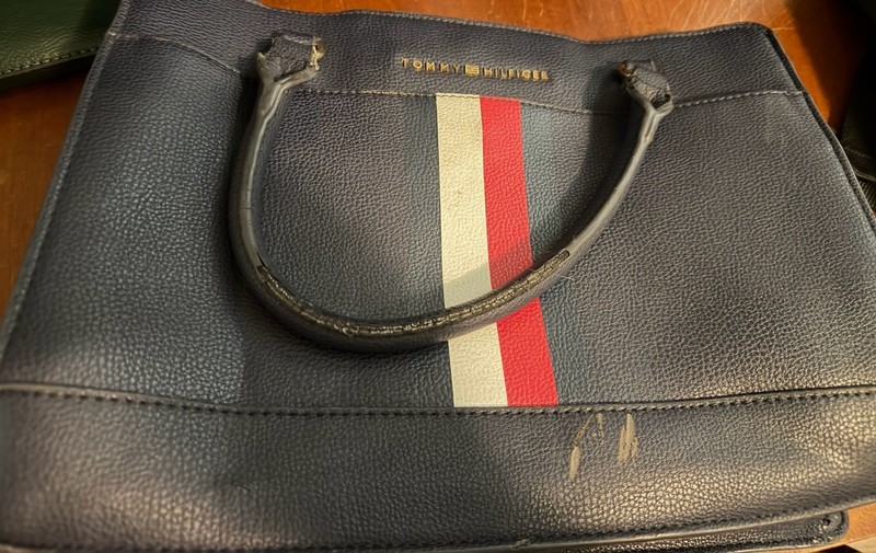 Tommy Hilfiger Navy Pebbled Satchel Top Handle Bag Striped Zip Gold Hardware