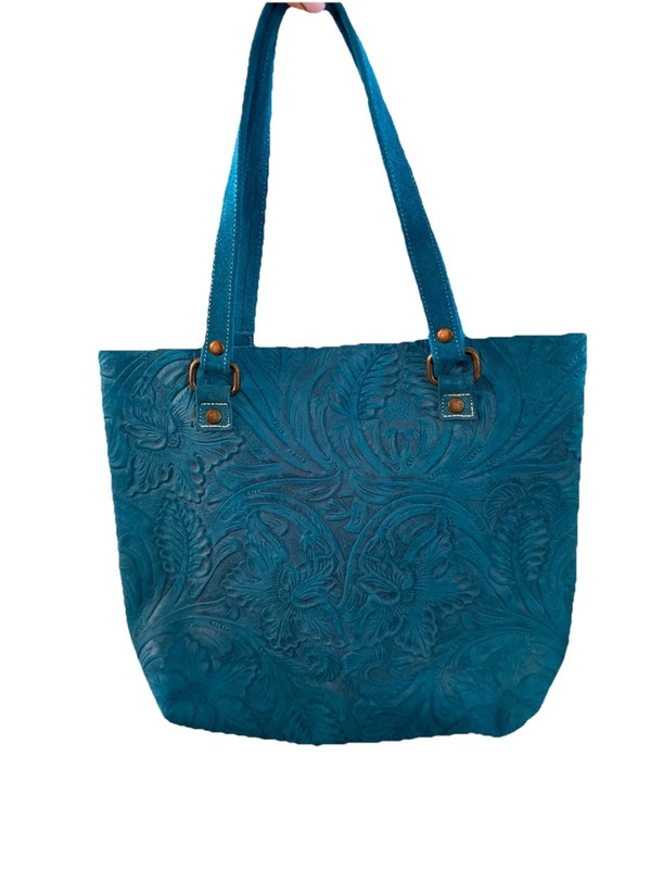 Women’s Large Blue Embossed Floral Tote Bag w/ Detachable Strap, Pockets