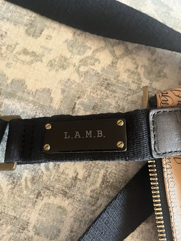 L.A.M.B. Script Logo Crossbody Bag Adjustable Strap Zip Closure Tan/Black gallery