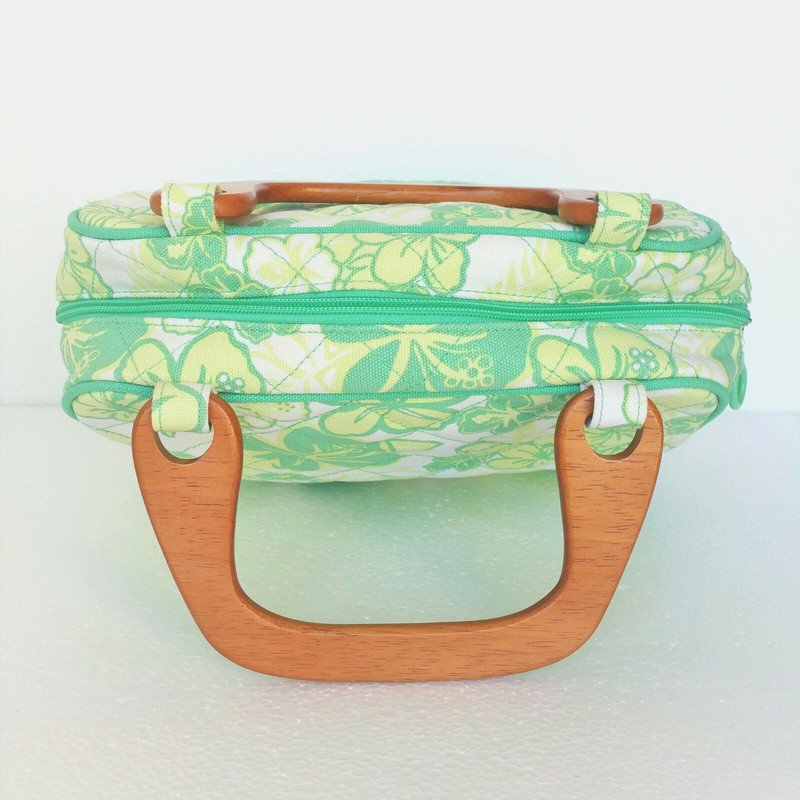 Larkspur Handbag Purse NEW Green Yellow White Floral Print Canvas Wood Handles gallery