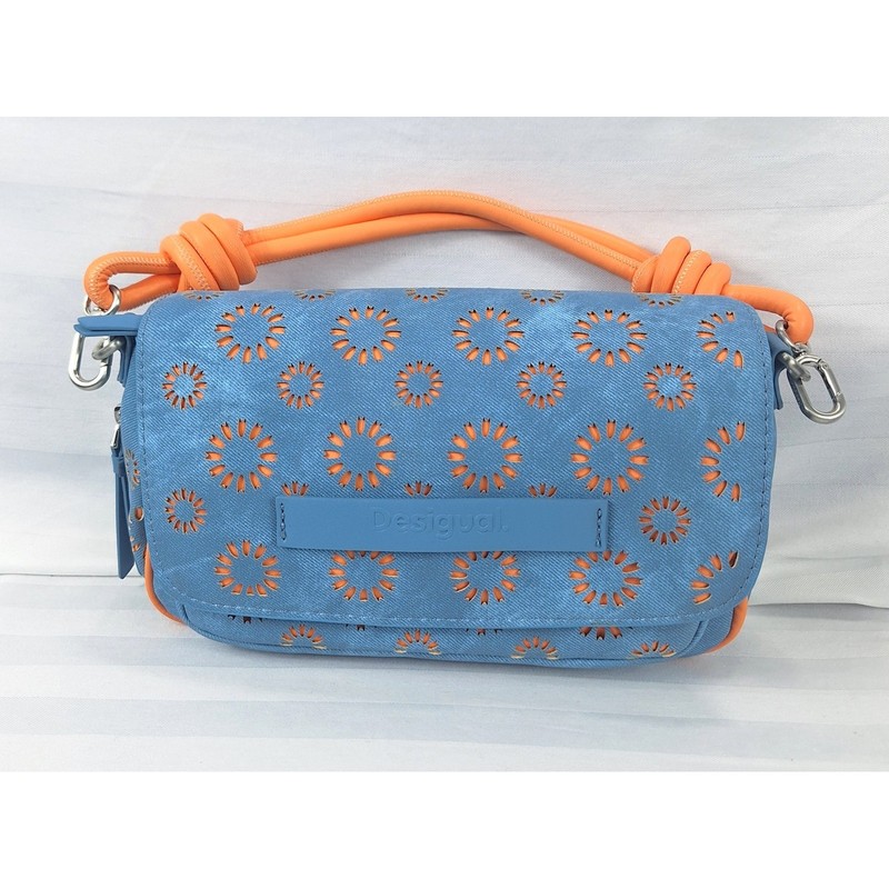 Desigual Blue Orange Laser Cut Floral Crossbody Bag Knotted Handle Satchel