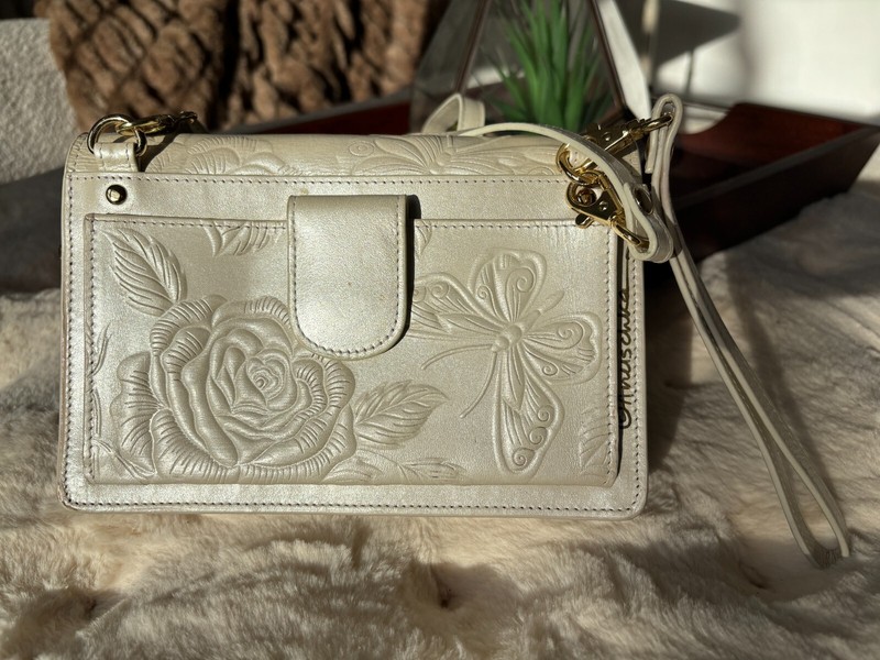 Anuschka Tooled Rose Pearl White 4-in-1 Leather Organizer Crossbody